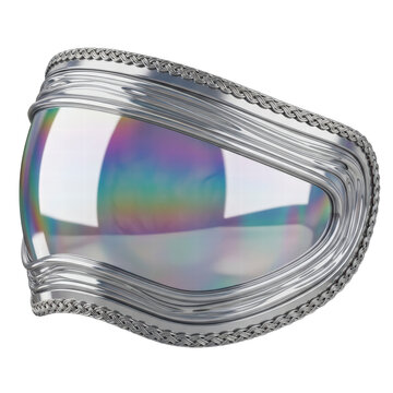 Close up of a silver ski goggle lens with iridescent reflection