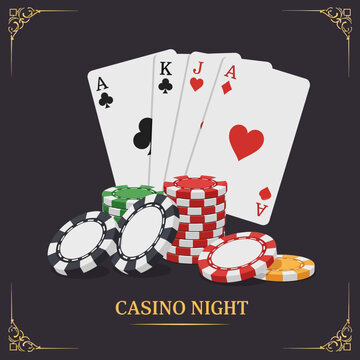 Casino night illustration with poker cards and gambling chips on a dark background.