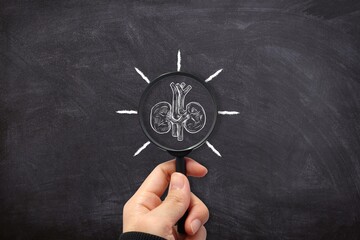 Kidney anatomy on chalkboard with magnifying glass. Ideal for renal health education, kidney disease awareness, and medical research visuals © Wiwi