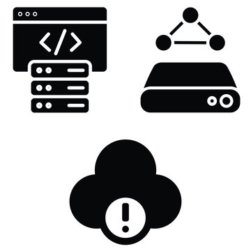 Modern icon set for web development, cloud computing and server infrastructure, minimal flat style.