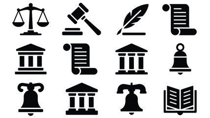 Collection of black flat vector icons representing law justice and government symbols including scales gavel feather pen scroll courthouse and liberty bell for legal concepts © Pronab