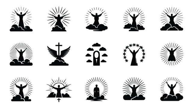 Collection of 15 ascension day religious symbols and logos featuring stylized human figures with outstretched arms crosses wings and divine light rays emanating from behind them