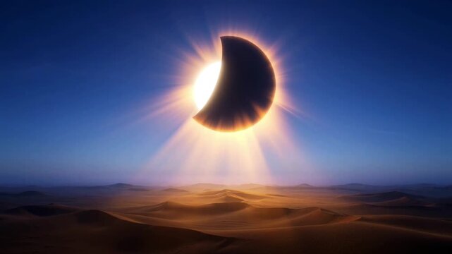 Surreal astronomical phenomenon The gigantic elliptical sun setting over endless orange sand dunes in a cinematic desert landscape