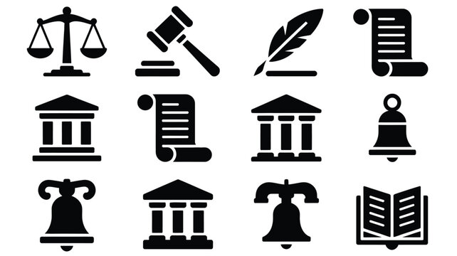 Collection of black flat vector icons representing law justice and government symbols including scales gavel feather pen scroll courthouse and liberty bell for legal concepts