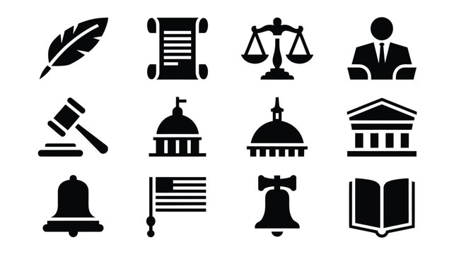 Collection of flat vector silhouette icons representing law justice government and education including a quill scroll scales of justice judge gavel capitol building courthouse