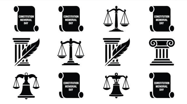 Collection of vintage inspired black and white icons representing law justice and constitution memorial day celebrations with scales of justice scrolls and columns