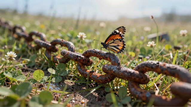 Monarch Butterfly Perched on Rusty Iron Chain in Nature