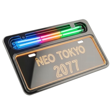Futuristic Neo Tokyo 2077 license plate with neon lights