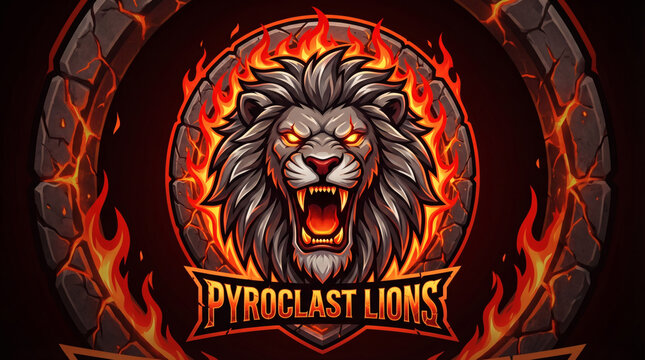 Fierce lion head logo with flames and stone circle design