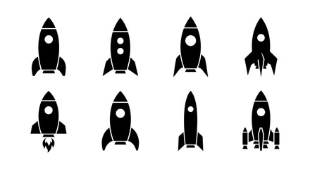 Rocket Ship Icons Set, Space Exploration Vector Graphics, Sci-Fi Adventure Symbols, Futuristic Transport Silhouettes, Black and White Cosmic Journey Elements © Nazmul