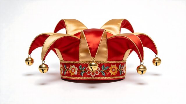 Red and gold jester hat with bells