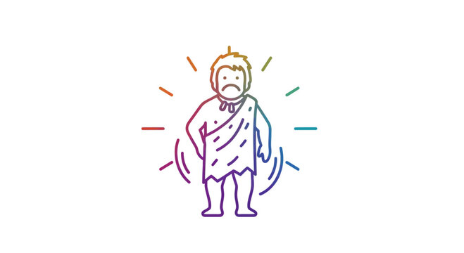 Sad caveman icon with rainbow aura, primitive man illustration, ancient human concept