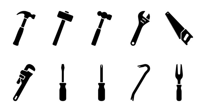 Set of 10 Black Silhouette Tools: Hammers, Wrenches, Saw, Screwdrivers, Crowbar, Pipe Wrench, for DIY, Construction, Repair, Maintenance, Vector Icons