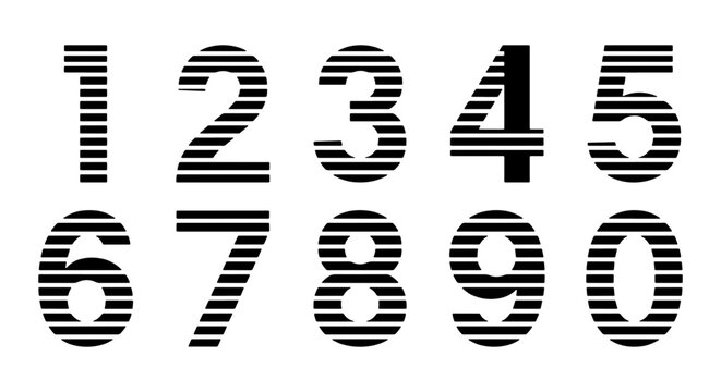 Set of 10 striped numbers, 0-9, black and white vector digits, modern graphic elements for design and education