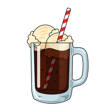 Hand-drawn illustration of a classic root beer float with two scoops of ice cream and a striped straw.