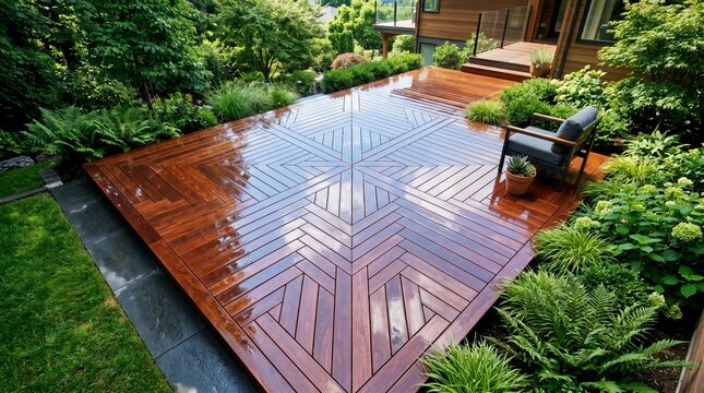 Modern backyard deck with striking geometric wood pattern surrounded by lush green garden foliage, creating an elegant outdoor living space for relaxation and entertaining