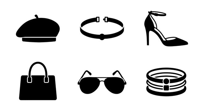 Vector Silhouette Set of Women's Fashion Accessories, Beret, High Heels, Handbag, and Sunglasses