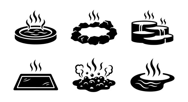 Vector Silhouette Set of Hot Springs, Thermal Pools, Geothermal Baths, and Spa Wellness Icons