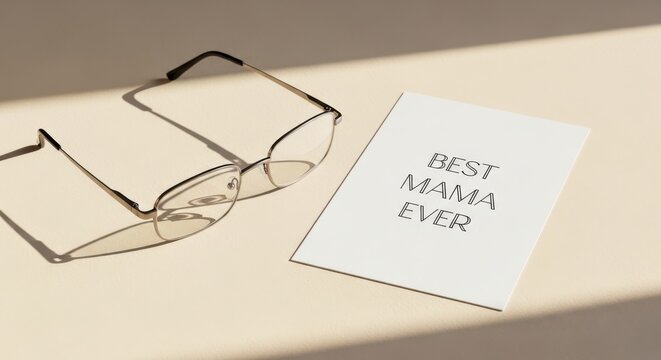 Minimalist Mother's Day greeting card with Best Mama Ever text, elegant eyeglasses on beige surface, aesthetic still life for family celebration