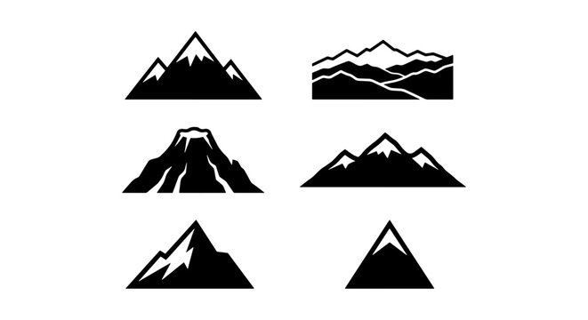 Vector Silhouette Set of Mountain Peaks, Rugged Ranges, Volcano, and Minimalist Alpine Icons