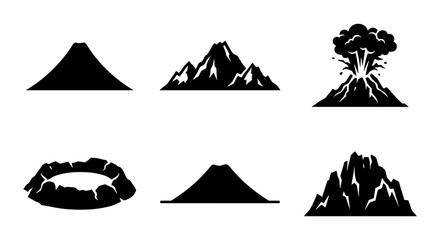 Volcano Icons Set: Erupting, Mountainous, Crater, Silhouette, Geological Formations, Natural Disaster Symbols, Vector Graphics © Sumaiya