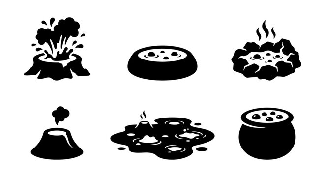 Set of Geothermal Mud Pot Silhouettes and Volcanic Geyser Eruption Vector Icons for Nature and Science Design