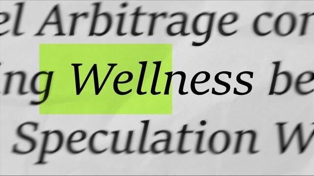 Highlighting the word Wellness on printed document, macro focus text concept for health, self care, mental wellbeing, lifestyle balance and holistic living video

