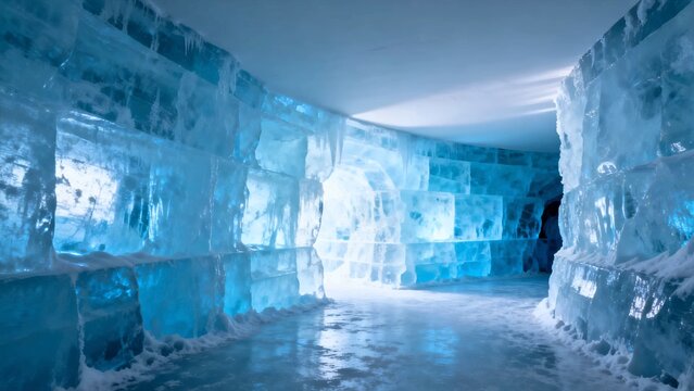 Interior View of a Frozen Ice Cave with Intense Glacier Blue Light Filtering Through Translucent Ice Walls
