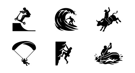 Extreme Sports Silhouette Icons Set featuring Scooter Surfing Bull Riding Paragliding Climbing and Rafting © Sumaiya