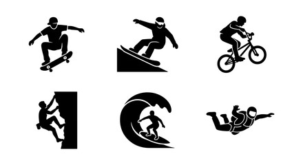 Extreme Sports Silhouette Icons Set Featuring Skateboarding Snowboarding BMX Climbing Surfing and Skydiving © Sumaiya