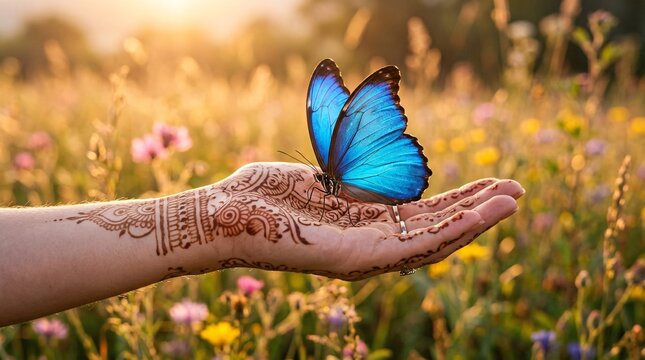 Breathtaking iridescent blue butterfly gently landing on the outstretched palm of a hand with intricate brown henna tattoo art designs.