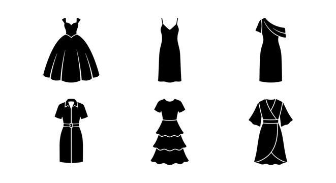 Set of Women's Dress Silhouette Icons featuring Evening Gown Summer Dress and Formal Apparel Vector Collection