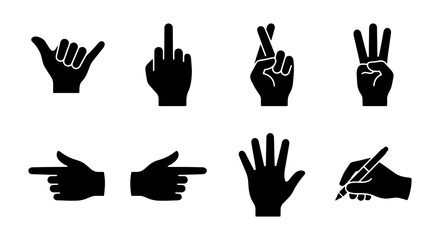 Obraz premium Black Silhouette Hand Gestures with Writing Pen, Shaka, and Luck Signs Icon Set