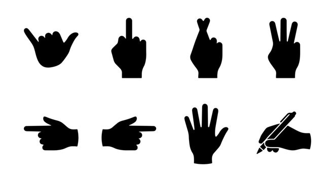 Black Silhouette Hand Gestures, Writing, and Finger Counting Icon Set