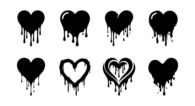 Dripping Heart Vector Icons Set, Black Graphic Elements for Valentine's Day, Love Symbols, Romantic Design Assets