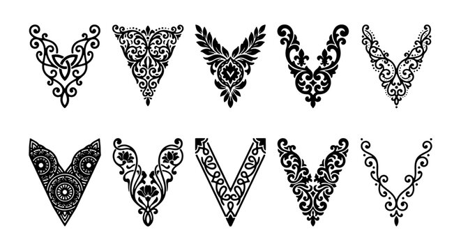 Ornate Neckline Designs, Vintage Collar Embellishments, Decorative V-Shape Accents, 10 Vector Elements for Fashion Apparel
