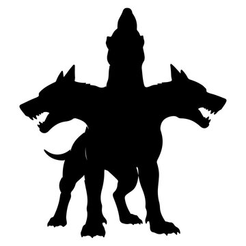 Silhouette of a three-headed dog, Cerberus, mythological creature.