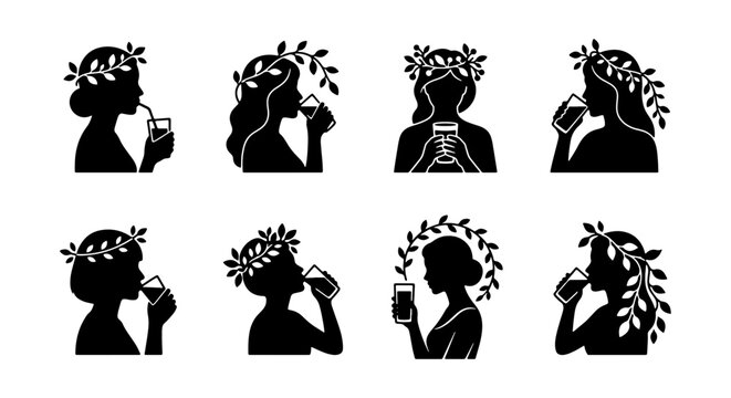Elegant Silhouette Icons of Women Drinking, Laurel Wreath Headwear, Vector Set for Lifestyle & Wellness Brands