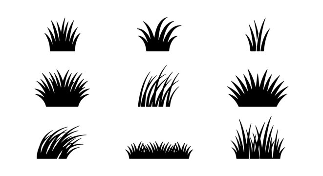 Set of 9 Black Grass Clumps Vector Icons, Simple Silhouette Elements for Nature and Garden Design, Organic Ground Cover Graphics