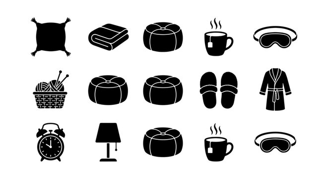 Set of Cozy Home Comfort Silhouettes and Relaxation Lifestyle Vector Icons