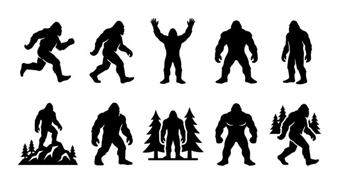 Set of Bigfoot Silhouettes and Sasquatch Yeti Character Vector Icons