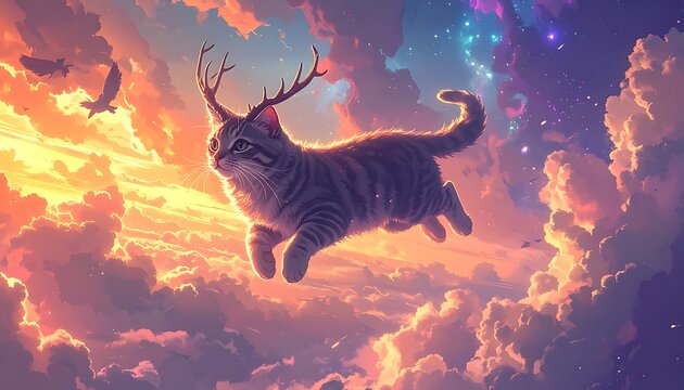 Fantasy cat flying in the clouds.