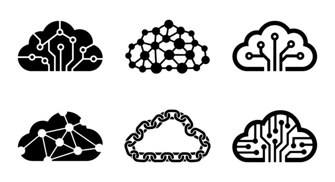 Set of Cloud Computing Technology Icons with Blockchain and Circuit Patterns