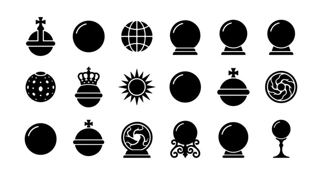 Mystical Crystal Ball and Royal Sovereign Orb Silhouette Collection Featuring Magic Fortune Telling and Monarch Regalia Symbols
