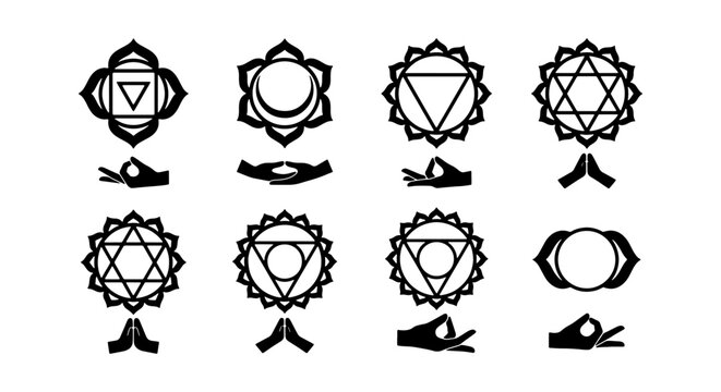 Seven Chakra Symbols and Mudra Hand Gestures Silhouette Set for Yoga and Meditation Design