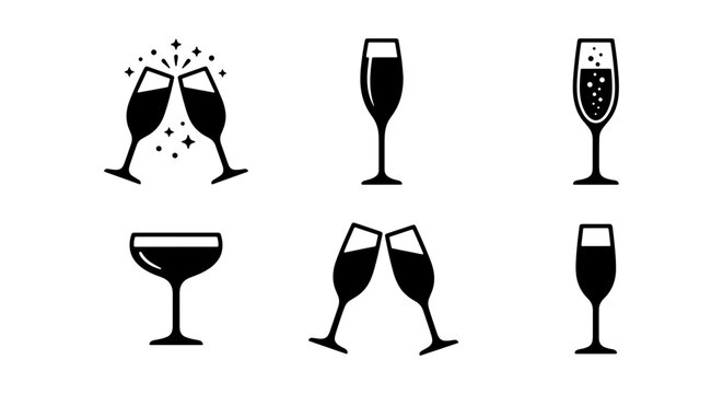 Champagne Glass Silhouette Icon Set with Toasting Flutes and Sparkling Wine for Celebrations