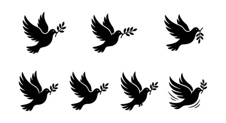 Obraz premium Flying Peace Dove Silhouette Set with Olive Branch Symbols for Hope and Unity Designs