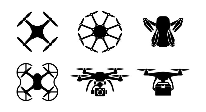 Professional Unmanned Aerial Vehicle Silhouette Set with Multicopter and Octocopter Drone Models