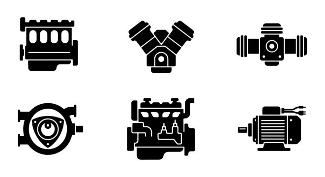 Car Internal Combustion and Electric Engine Icon Set with Various Motor Types