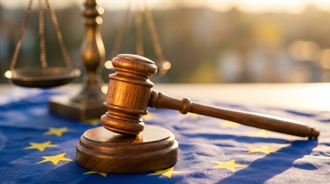 Symbol of justice, gavel and scales of justice on the flag of the European Union, representing law and order